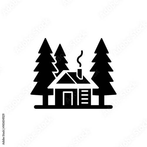 Small Cabin in Woods with Smoke from Chimney Icon