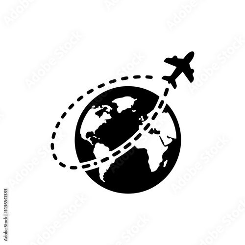 Airplane Flying Over Globe with Dashed Path Line - Clean Black Fill