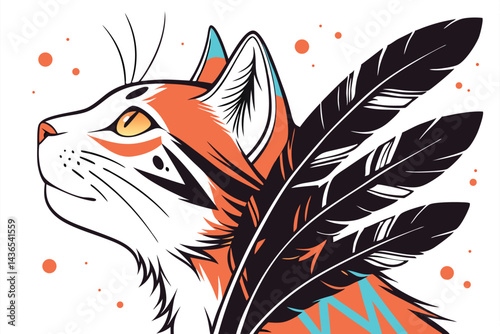 74 Artistic cat portrait, abstract geometric elements, vibrant orange and blue accents, black feathers, yellow cat eye, watercolor splatter effect, white background, stylized feline face, modern digit
