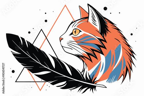 74 Artistic cat portrait, abstract geometric elements, vibrant orange and blue accents, black feathers, yellow cat eye, watercolor splatter effect, white background, stylized feline face, modern digit
