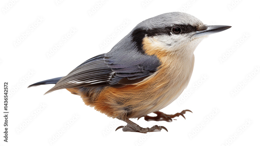 Obraz premium Charming Eurasian Nuthatch with grey-blue upperparts, a black eye stripe, and warm orange underparts, perched delicately. isolated on transparent background.