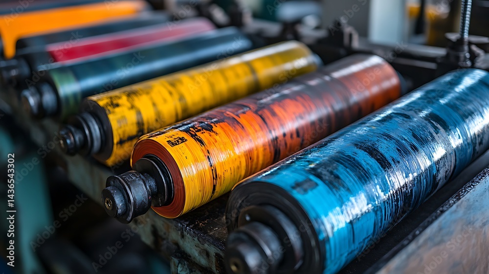 Close-up of a printing press machine with colorful ink rollers working on paper