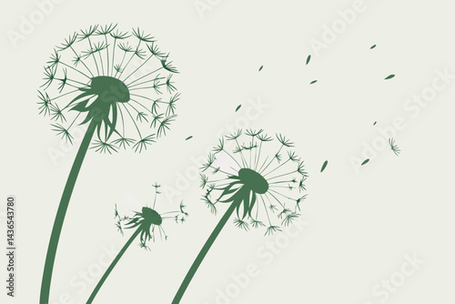76 Macro photography, three dandelion seed heads, delicate fluffy white seeds, ethereal, dreamy atmosphere, soft focus, high contrast, green stems, intricate details, nature close-up, light background