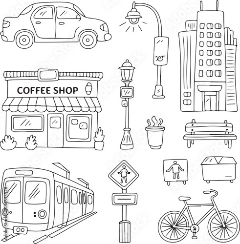 Doodle,style,city,elements,car,street,light,high,rise,building,coffee,shop,bench,subway,train,crosswalk,sign,delivery,box,bicycle,sketch,art