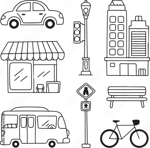 Doodle,style,city,elements,car,street,light,high,rise,building,coffee,shop,bench,subway,train,crosswalk,sign,delivery,box,bicycle,simple,doodle