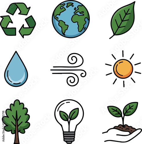 Garden doodles shovel, watering can, rake, flower pot, wheelbarrow, sprouting seed, gloves, hose, colorful icon design