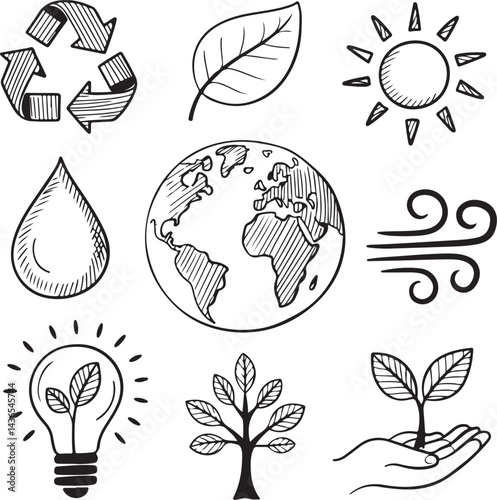 Garden doodles shovel, watering can, rake, flower pot, wheelbarrow, sprouting seed, gloves, hose, black and white sketched icons
