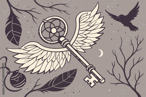 77 Surreal key with wings, cosmic elements, steampunk aesthetic, intricate details, celestial symbols, black feathers, vintage key, tree branches, planetary orbs, galaxy motif, mystical amulet, dream 