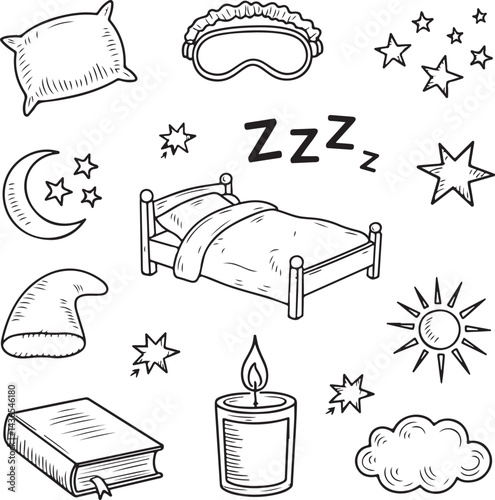 Relaxation doodles, pillow, bed, sleeping mask, moon with stars, book, nightcap, candle, dream cloud, ‘Zzz’ icons, black sketch style
