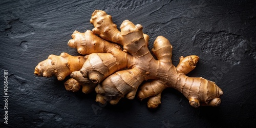 Aromatic Ginger Root Cluster on Dark Surface A Culinary Still Life