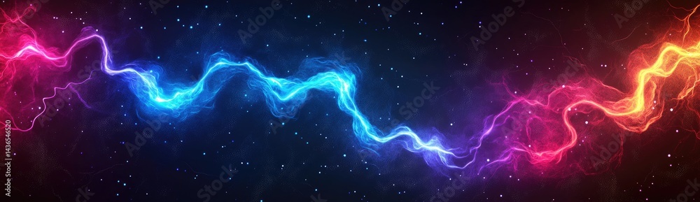 Fototapeta premium Abstract Cosmic Energy Streaks: Vibrant Blue Pink Orange Glowing Particles Dark Background