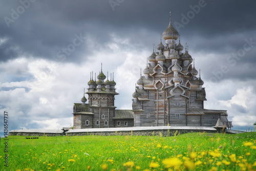 View of the famous Kizhi Pogost at summer cloudy day