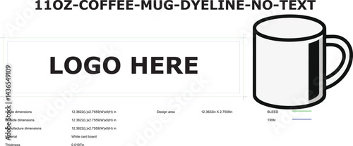 11oz coffee mug template dieline with bleed and trim marks for customization design
