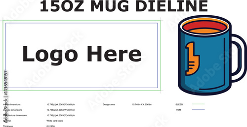 Fifteen ounce mug dieline template with dimensions for custom logo design