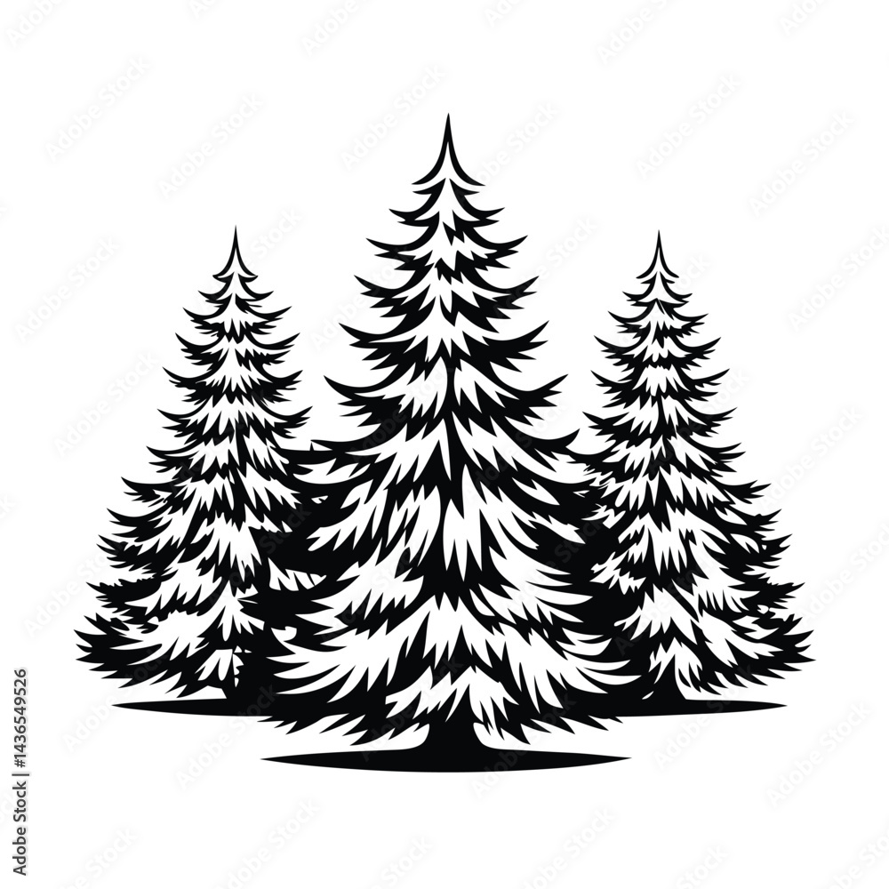 Obraz premium Evergreen Trees Silhouette, Pine Forest, Conifer, Nature, Woodland, Monochrome, Black