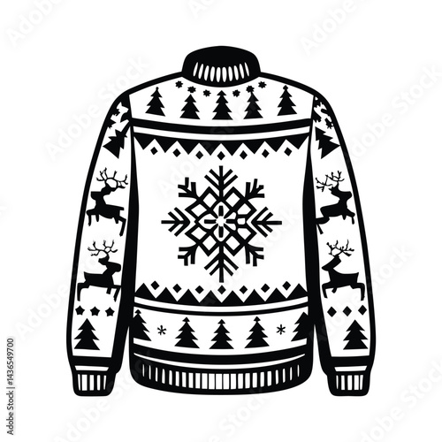 Black & White Holiday Jumper Clipart Winter Snowflake, Reindeer, Tree, Geometric