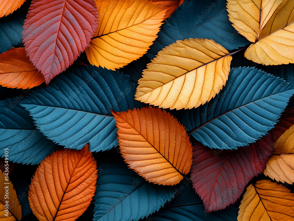 Autumn leaves in teal orange and red hues Close-up detail showcases intricate leaf veins Autumn leaves in teal orange and red hues Close-up detail showcases intricate leaf veins