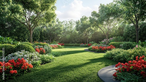 Fototapeta Naklejka Na Ścianę i Meble -  Lush garden with vibrant flowers and manicured landscaping