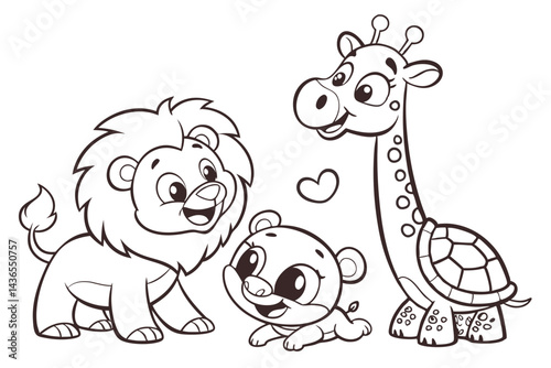 80 Cute cartoon animals, black and white line drawing, smiling baby bear, friendly lion cub, adorable giraffe, happy turtle, children's book illustration style, simple outlines, expressive faces, play