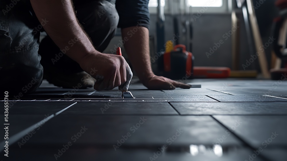 Tile Installer Using Grout in a Workshop Tile Installer Using Grout in a Workshop