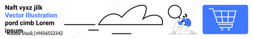 Minimalist design with a person using a magnifying glass, stylized clouds, and a shopping cart icon. Ideal for e-commerce, search functionality, shopping trends, technology, marketing, retail