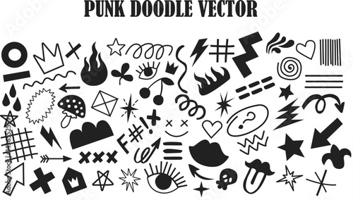 Punk doodle hand drawn flat vector. Grunge grafitti with rock heart star fire arrow skull. hand drawn icon tattoo. Scribble marker art. Line, shape punk doodle grafitti with rock music element. chalk