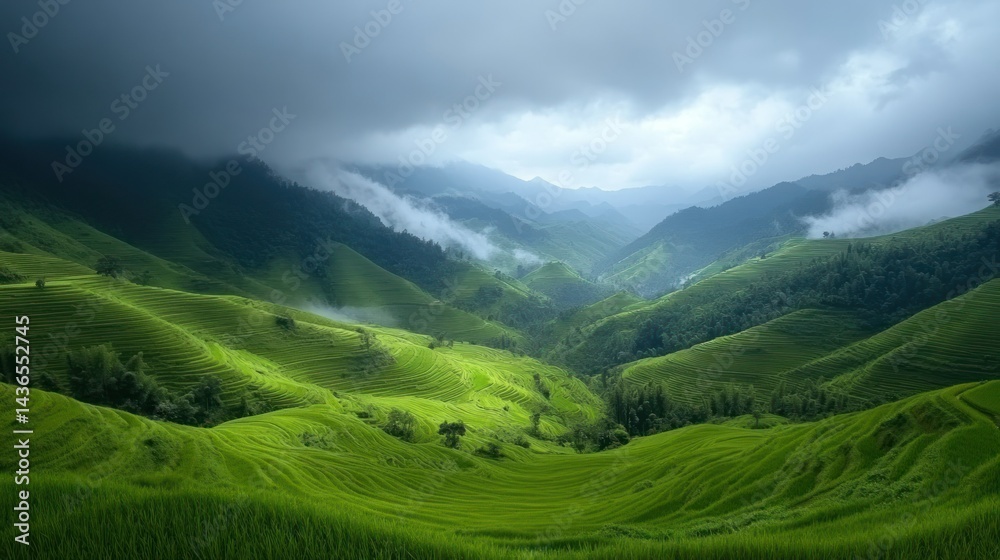 Fototapeta premium Lush green terraced rice paddies nestled in a valley