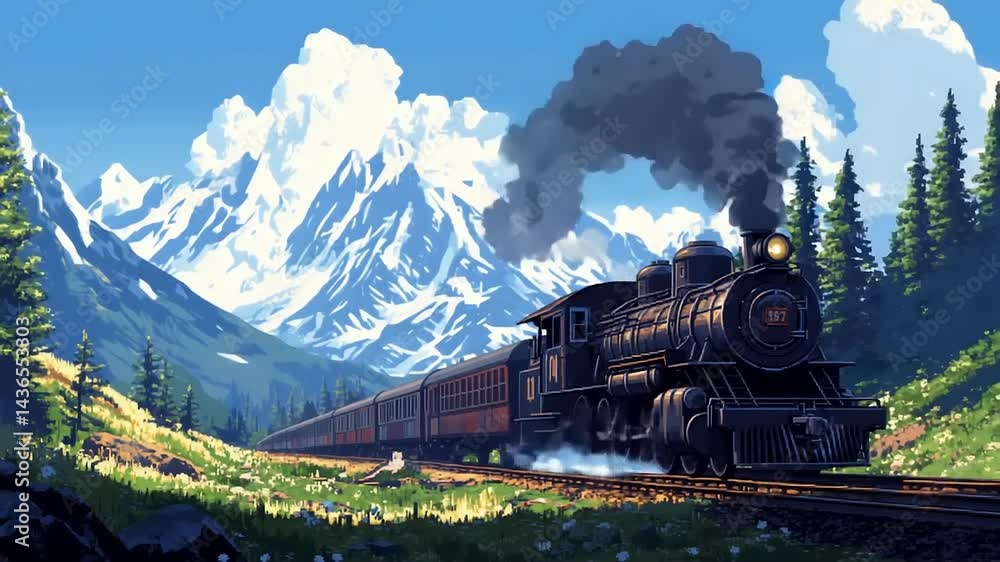 Vintage steam train traveling through a lush green valley with majestic mountains in the background