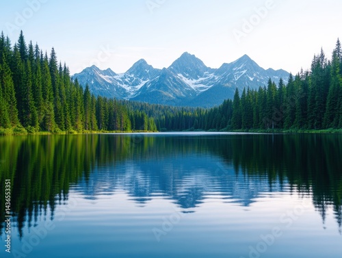 Serene mountain lake reflecting majestic peaks and lush forests