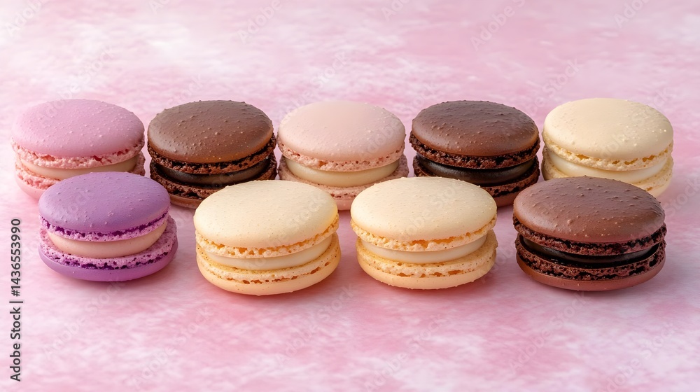 Fototapeta premium Soft Pink Background with Assorted Macarons on Display
