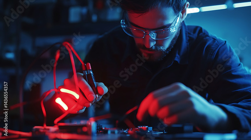Obraz na płótnie Technician Soldering Electronics in a Dark Workshop w salonie