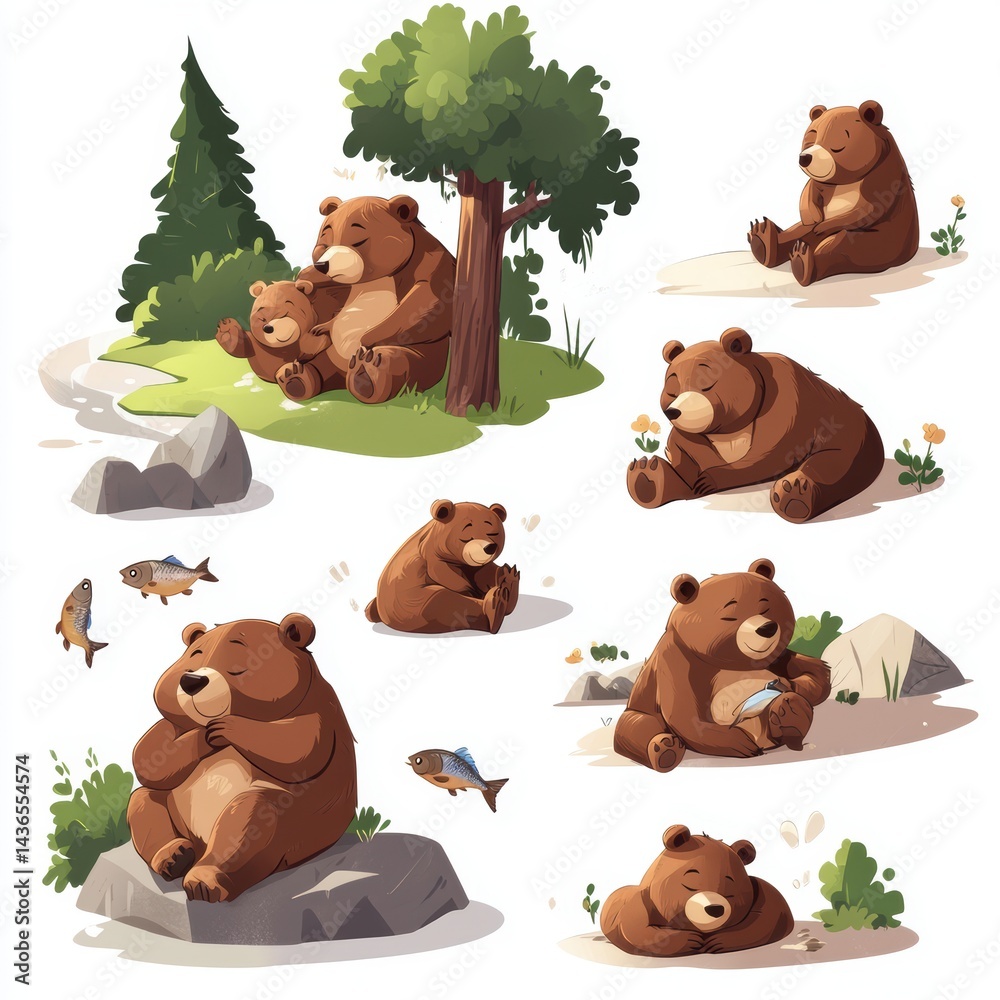 Fototapeta premium Cartoon brown bears in forest with rocks, trees, and playful cubs, fun children’s illustration.