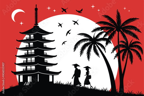 82 Japanese pagoda, silhouette, palm trees, red sky, moon, graduation caps, couple walking, black and white contrast, minimalist design, tropical setting, night scene, starbursts, birds flying, romant