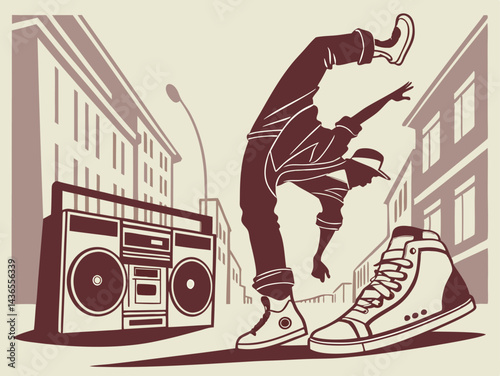 Minimalist vector poster design, silhouette of breakdancer, large vintage boombox outlined sharply, focus on stylish