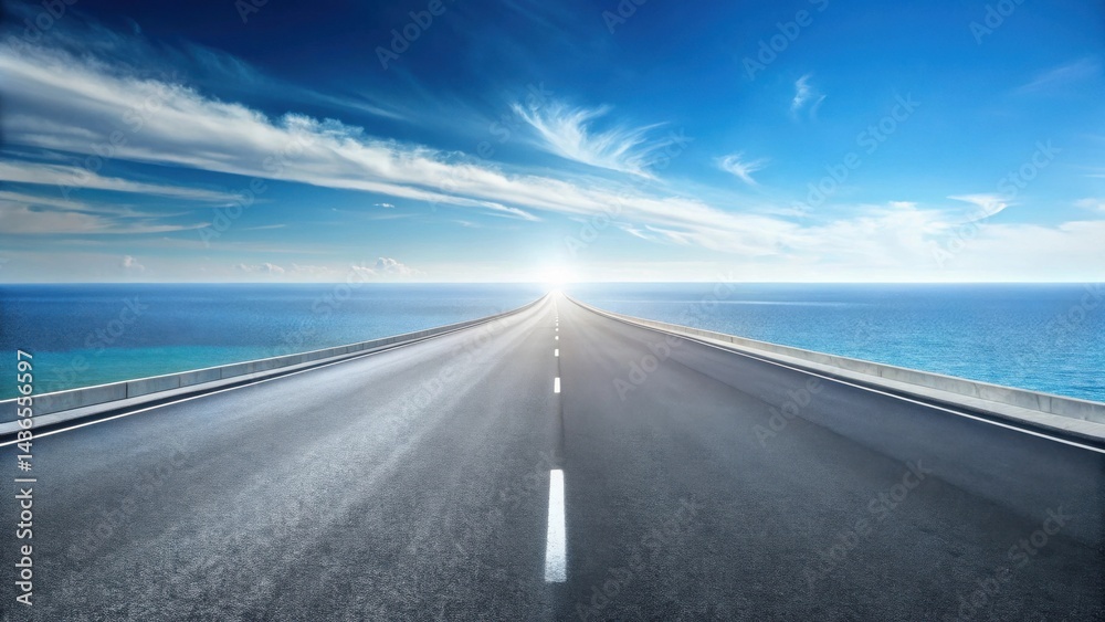 Fototapeta premium Asphalt road stretching towards a bright horizon over tranquil ocean waters under a vibrant sky