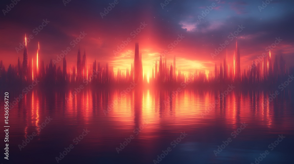 Futuristic City Skyline at Sunset Reflecting on Calm Water Futuristic City Skyline at Sunset Reflecting on Calm Water