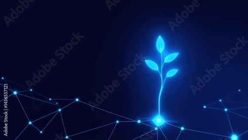 Digital illustration of a glowing blue plant emerging from a network of interconnected nodes and lines