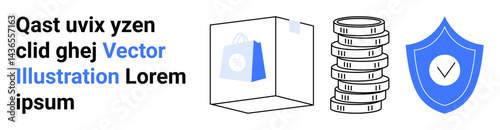 Shopping bag in box, stack of coins, and shield with checkmark symbolizing secure e-commerce, savings, reliability, and trust. Ideal for finance, security, e-commerce online payments investments