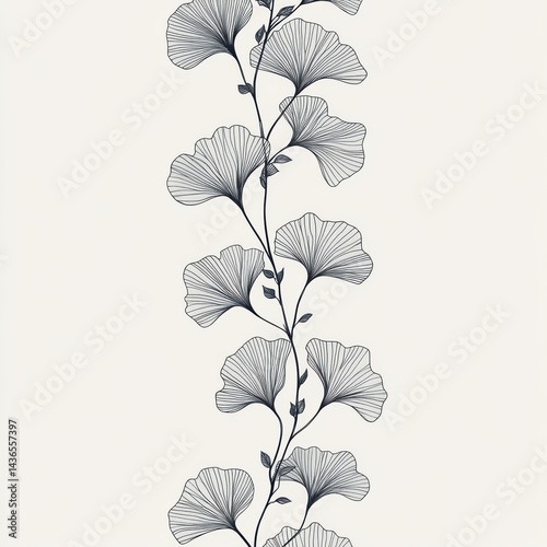Elegant ginkgo branch with fan-shaped leaves in a delicate minimalist botanical drawing.