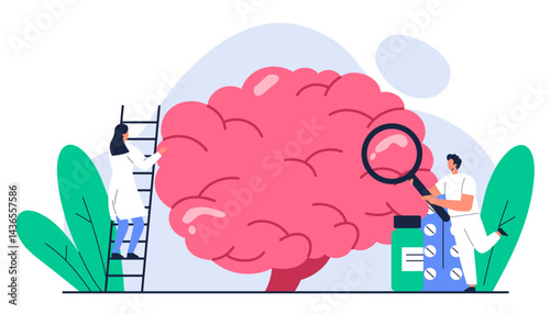 Nervous system concept. Doctors check up human brain organ. Neurology disease, healthcare, treatment. Isolated vector illustration in cartoon style
