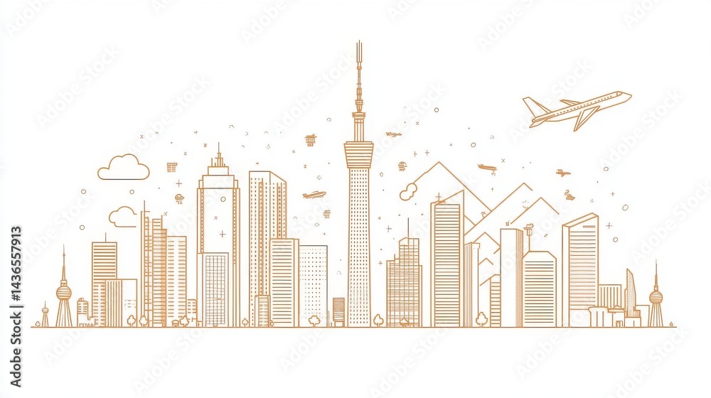 Obraz premium Golden Brown City Skyline Illustration with Airplane