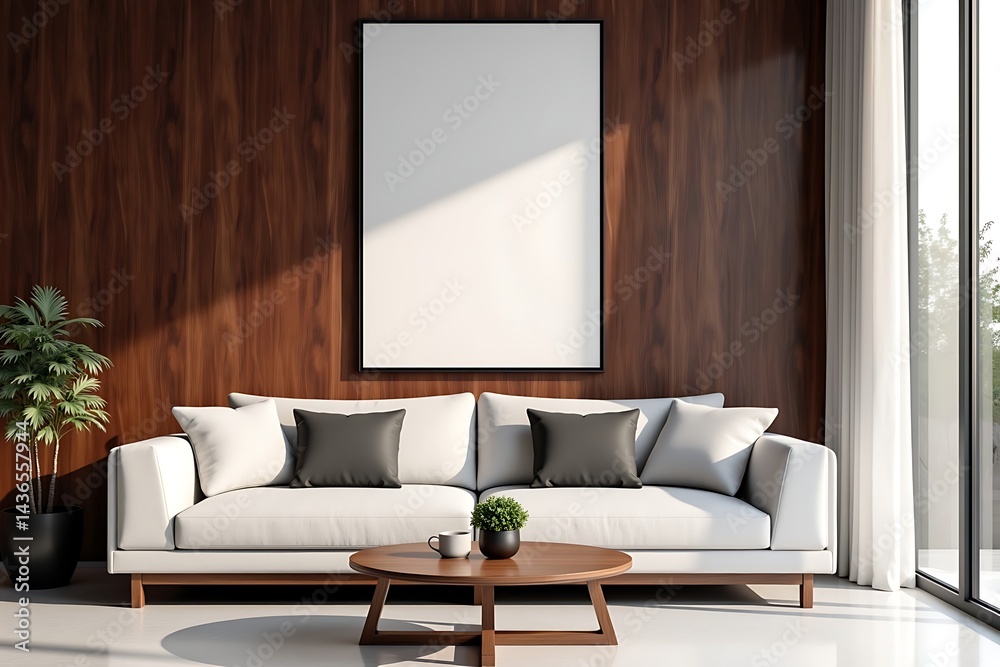 Fototapeta premium Contemporary Living Room Interior: White Sofa, Dark Wood Paneling, Blank Art Frame, Round Coffee Table, Potted Plant, Natural Light by Window, Minimalist Design