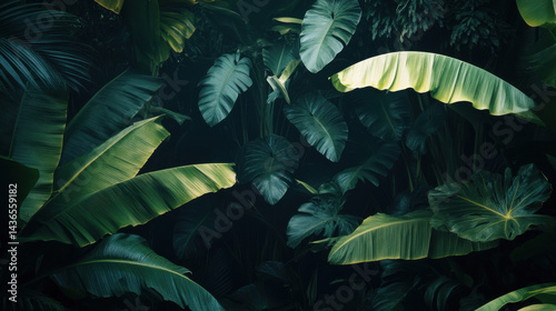 tropical plants banana trees wallpaper design dark bacground vintage wallpaper jungle background mural art.