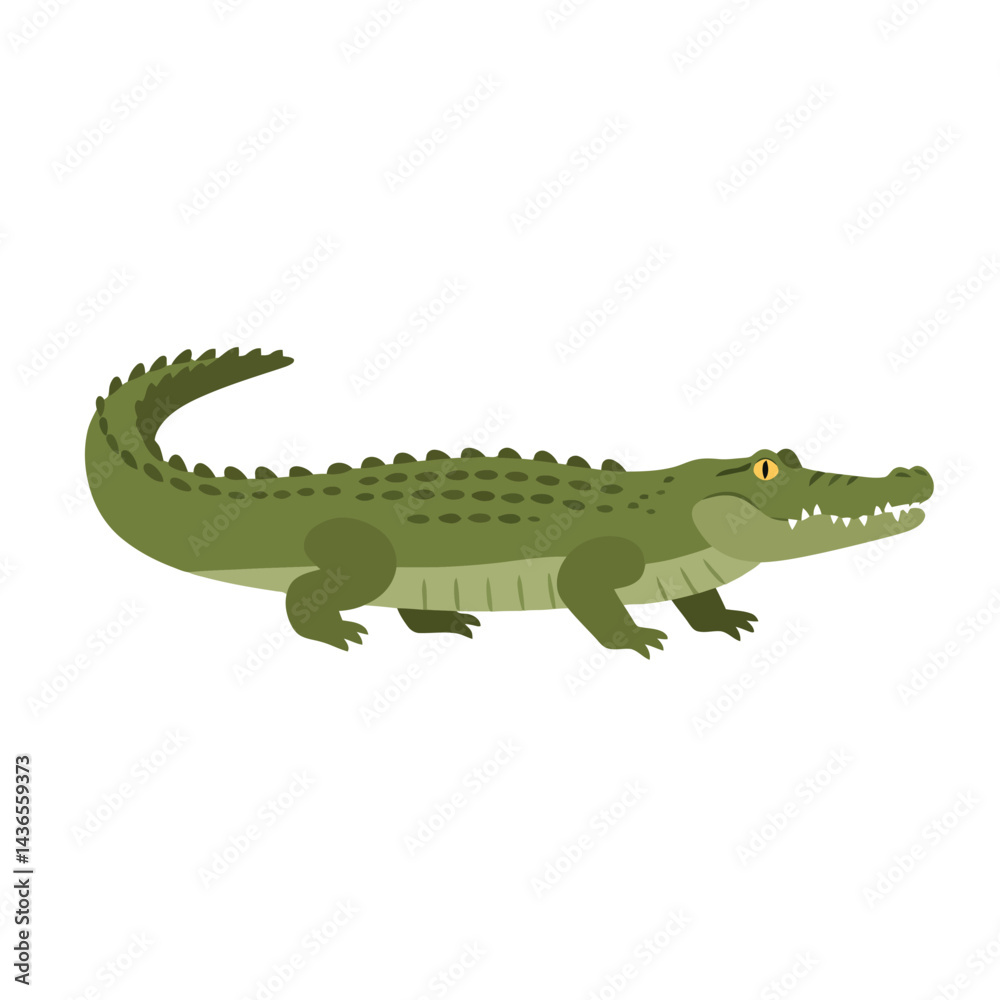 Naklejka premium Creative Flat Vector Illustrations of Crocodile: Minimalist, Modern, and Perfect for Pet-Themed Graphics.Charming Flat Vector crocodileIllustration: Playful, Minimal, and Versatile Cartoon Primate Des