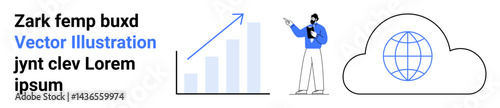 Businessperson pointing at upward graph next to cloud with globe, symbolizing growth, connectivity, and data. Ideal for technology, analytics, global business, innovation, teamwork education simple