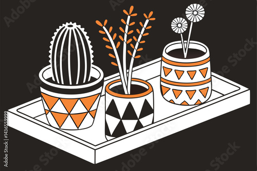 86 Modern minimalist decor, ceramic planters, orange and black color scheme, succulent, cactus, dried flowers, geometric shapes, sleek design, contemporary home accessories, monochromatic tray, stylis