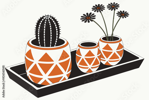 86 Modern minimalist decor, ceramic planters, orange and black color scheme, succulent, cactus, dried flowers, geometric shapes, sleek design, contemporary home accessories, monochromatic tray, stylis