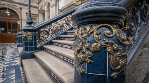 Ornate staircase with blue tiled risers and decorative gold accents on the newel posts and railings