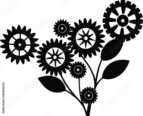 gears morphing into flowers silhouette
