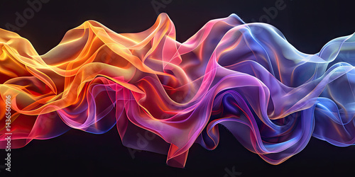 Colorful translucent fabric waves on a dark background abstract flowing design element artistic rendering
